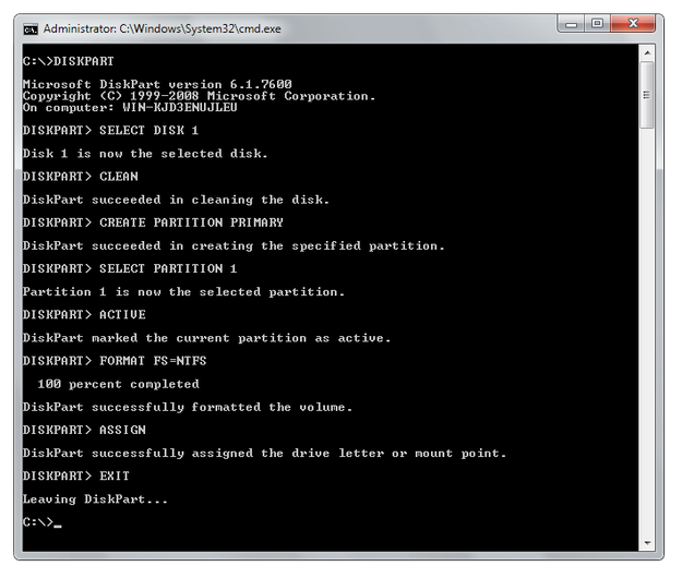 Microsoft DiskPart command sequence